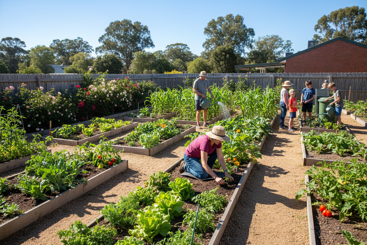 garden, in rows, with plants, and people